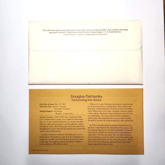 Douglas Fairbanks Actor Performing Arts 1984 1st Day USPS 22KT GOLD STAMP Stamp - Picture 6 of 12